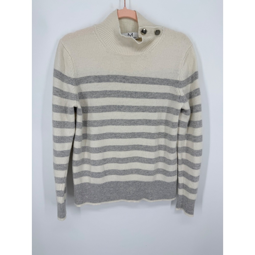 Magaschoni Sweater Womens Medium Cream Grey Striped Wool Cashmere Mock Neck